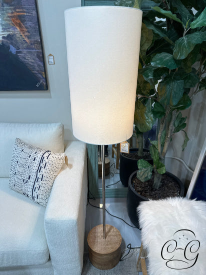 Wood Round Base Chrome Pole Floor Lamp With Long Cream Drum Shade