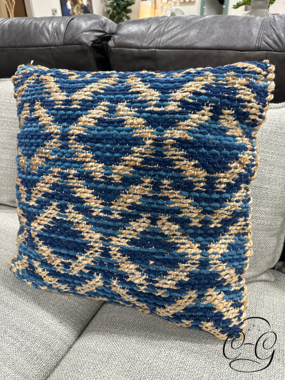 Woven Blue Teal Jute Toss Pillow With Cream Back