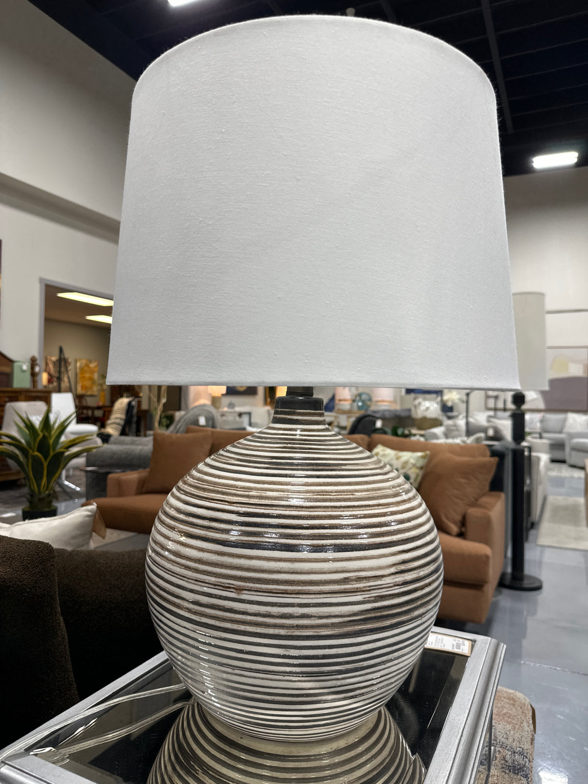 Large Round Ceramic Brown/Cream Stripe Base Table Lamp W/White Shade