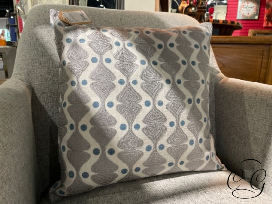 Square Grey/white Toss Pillow With Blue Polka Dots